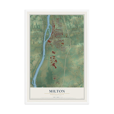 Map of Milton, Pennsylvania, 12 x 18 inch print in a white wood frame