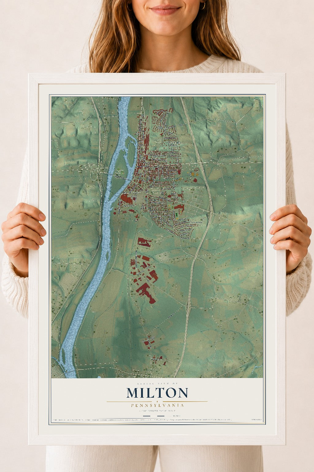 Map of Milton, Pennsylvania, 18 x 24 inch print in a white wood frame