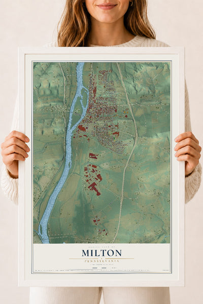 Map of Milton, Pennsylvania, 18 x 24 inch print in a white wood frame