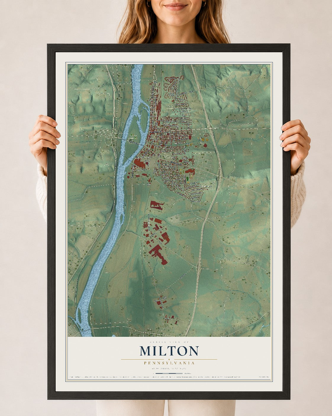 Map of Milton, Pennsylvania, 24 x 36 inch print in a black wood frame