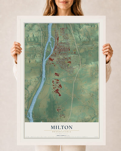 Map of Milton, Pennsylvania, 24 x 36 inch print in a white wood frame