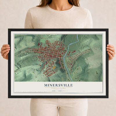 Map of Minersville, Pennsylvania, 12 x 18 inch print in a black wood frame
