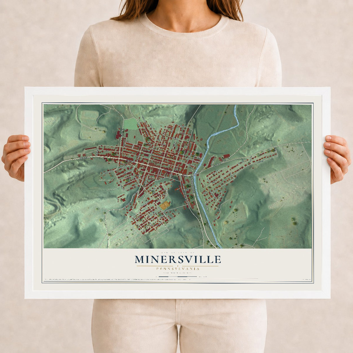 Map of Minersville, Pennsylvania, 12 x 18 inch print in a white wood frame