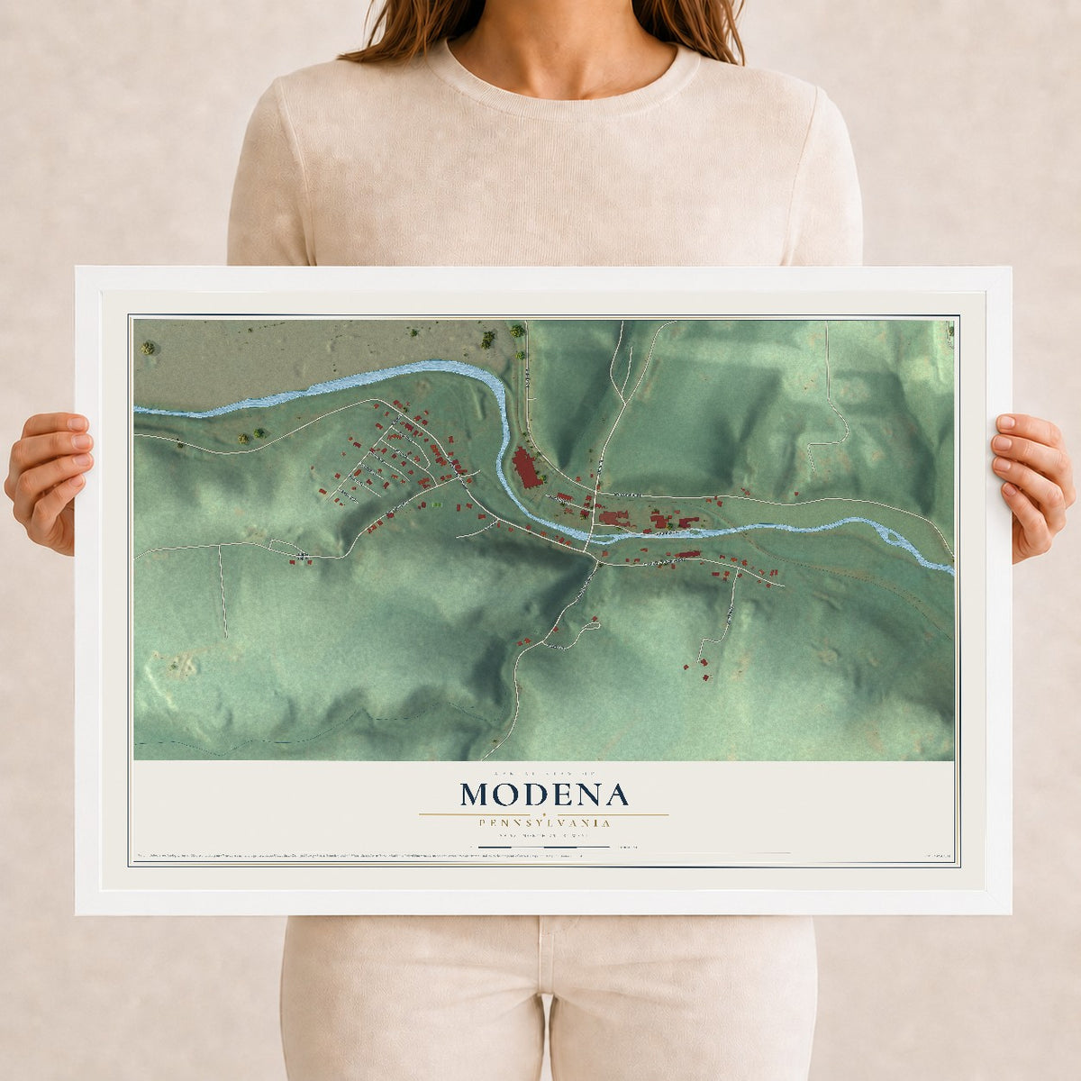 Map of Modena, Pennsylvania, 12 x 18 inch print in a white wood frame