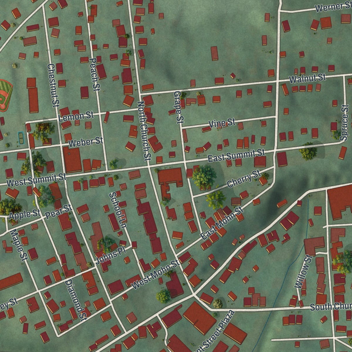 Close-up of the map of Mohnton, Pennsylvania print showing street and building detail
