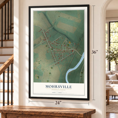 Mohrsville, Pennsylvania map, 24 x 36 inch print in a black frame by a staircase