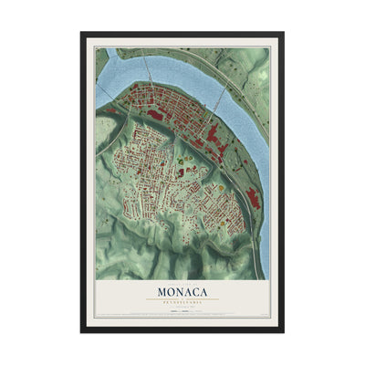 Map of Monaca, Pennsylvania, 12 x 18 inch print in a black wood frame