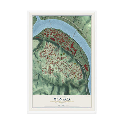 Map of Monaca, Pennsylvania, 12 x 18 inch print in a white wood frame