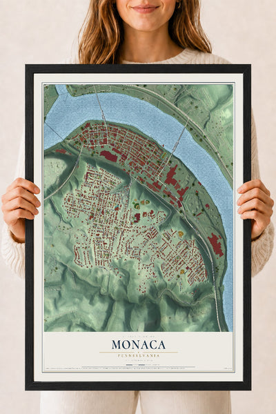 Map of Monaca, Pennsylvania, 18 x 24 inch print in a black wood frame