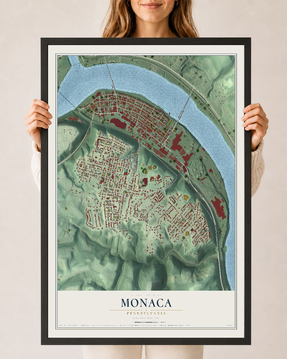 Map of Monaca, Pennsylvania, 24 x 36 inch print in a black wood frame