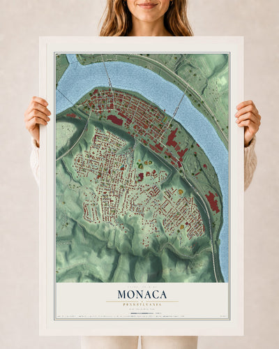 Map of Monaca, Pennsylvania, 24 x 36 inch print in a white wood frame