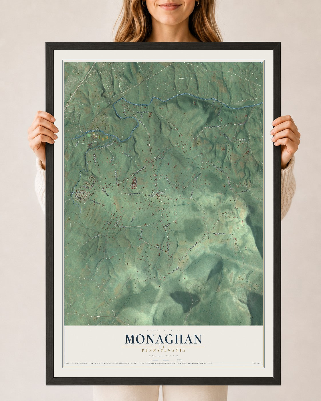 Map of Monaghan, Pennsylvania, 24 x 36 inch print in a black wood frame