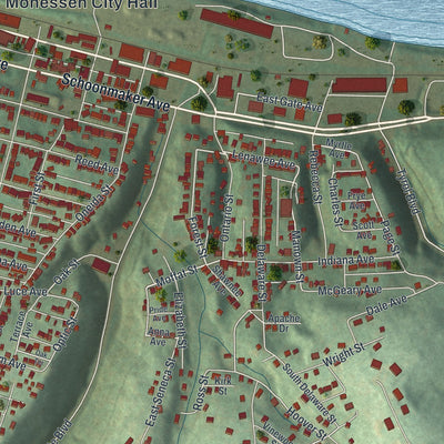 Second close-up of the map of Monessen, Pennsylvania print showing more streets and buildings