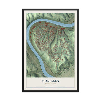 Map of Monessen, Pennsylvania, 12 x 18 inch print in a black wood frame