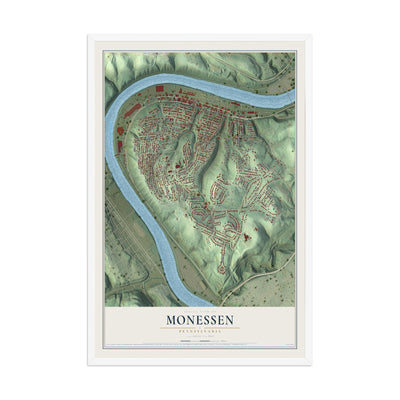 Map of Monessen, Pennsylvania, 12 x 18 inch print in a white wood frame