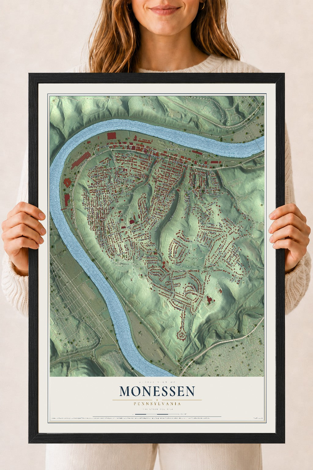 Map of Monessen, Pennsylvania, 18 x 24 inch print in a black wood frame