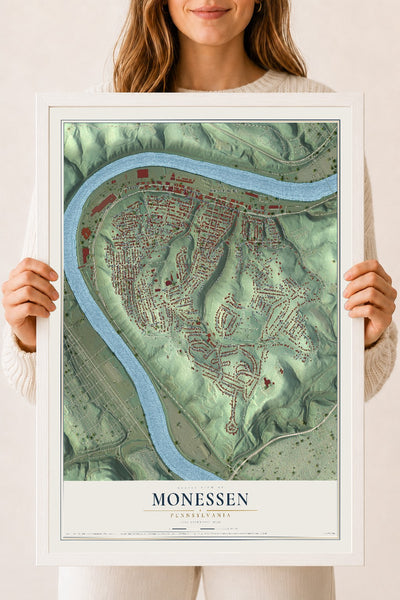 Map of Monessen, Pennsylvania, 18 x 24 inch print in a white wood frame