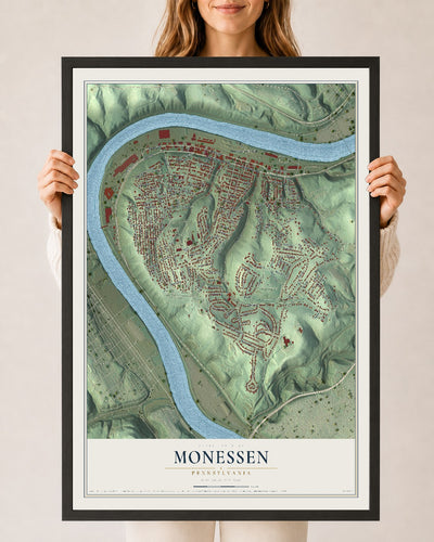 Map of Monessen, Pennsylvania, 24 x 36 inch print in a black wood frame