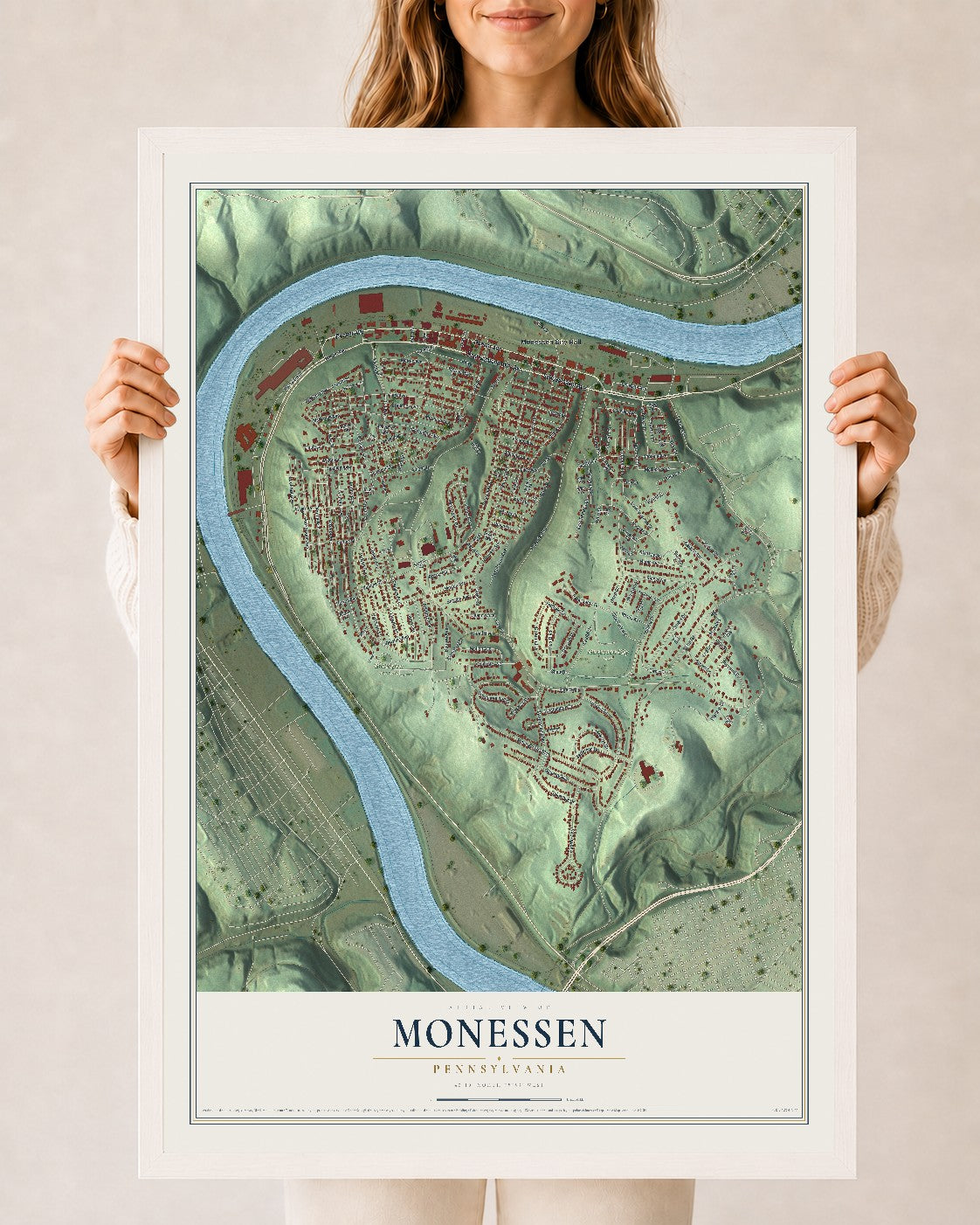Map of Monessen, Pennsylvania, 24 x 36 inch print in a white wood frame
