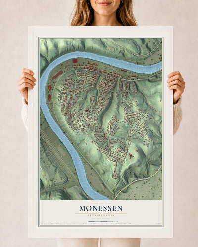 Map of Monessen, Pennsylvania, 24 x 36 inch print in a white wood frame