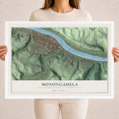Map of Monongahela, Washington County, Pennsylvania, 18 x 24 inch print in a white wood frame