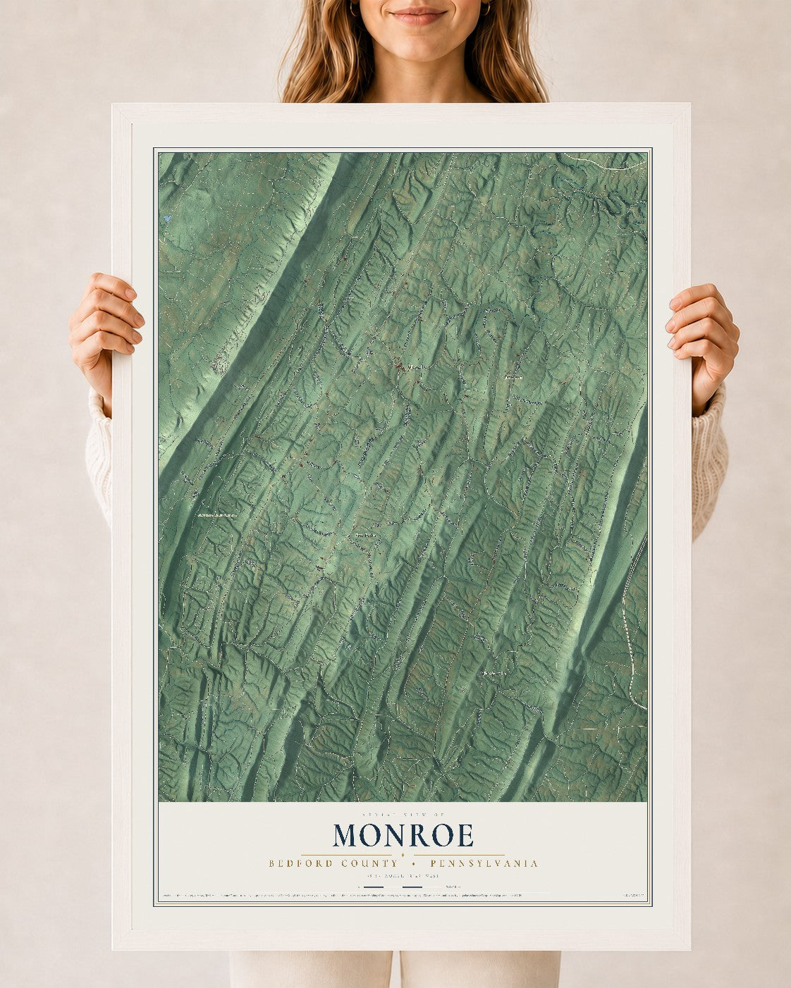 Map of Monroe, Bedford County, Pennsylvania, 24 x 36 inch print in a white wood frame