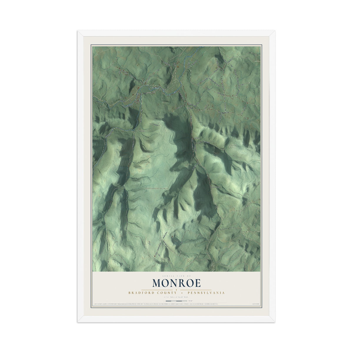 Map of Monroe, Bradford County, Pennsylvania, 12 x 18 inch print in a white wood frame