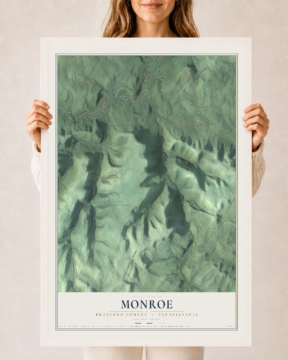 Map of Monroe, Bradford County, Pennsylvania, 24 x 36 inch print in a white wood frame