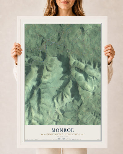 Map of Monroe, Bradford County, Pennsylvania, 24 x 36 inch print in a white wood frame