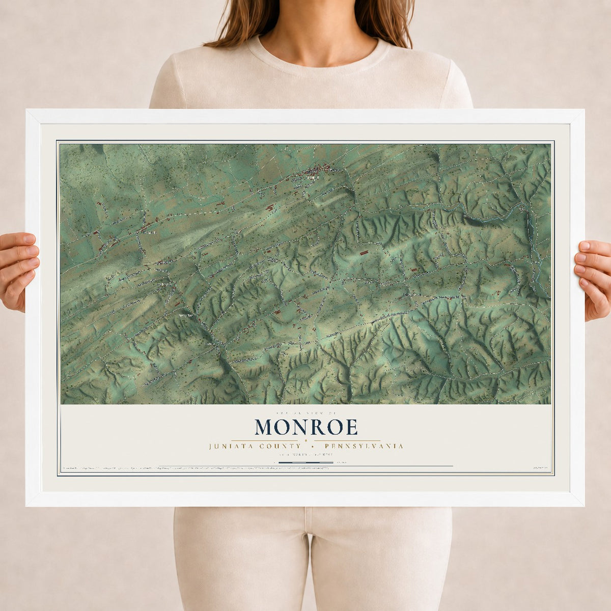 Map of Monroe, Juniata County, Pennsylvania, 18 x 24 inch print in a white wood frame