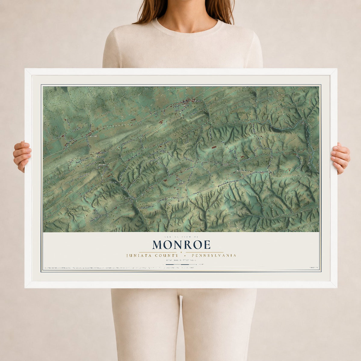 Map of Monroe, Juniata County, Pennsylvania, 24 x 36 inch print in a white wood frame