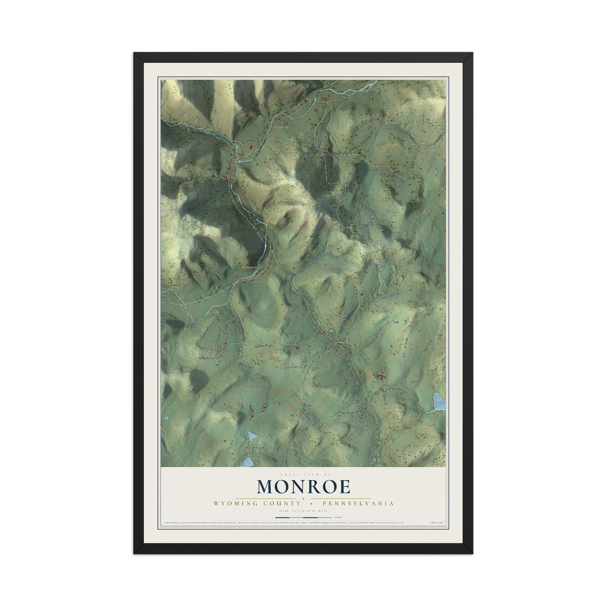 Map of Monroe, Wyoming County, Pennsylvania, 12 x 18 inch print in a black wood frame