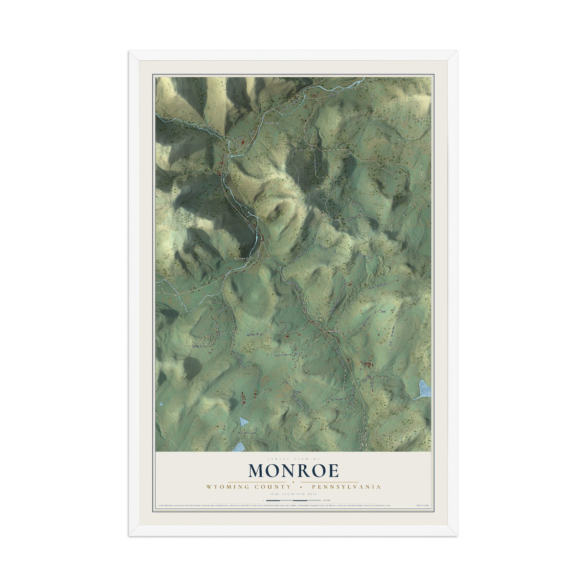 Map of Monroe, Wyoming County, Pennsylvania, 12 x 18 inch print in a white wood frame