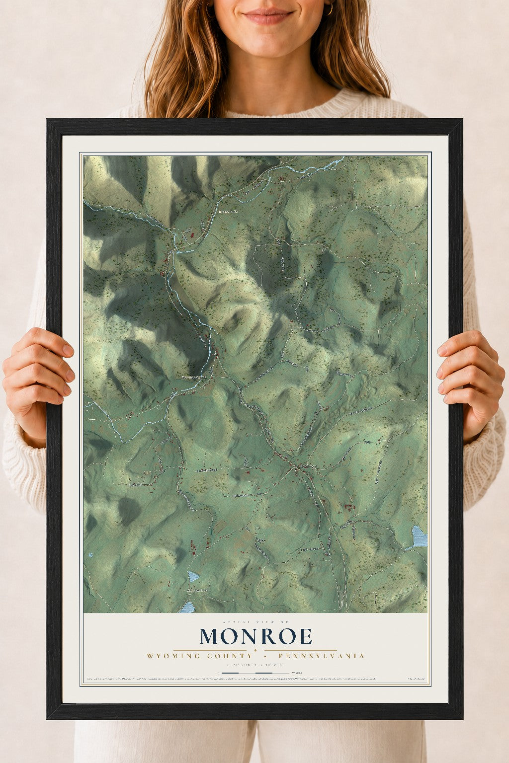 Map of Monroe, Wyoming County, Pennsylvania, 18 x 24 inch print in a black wood frame
