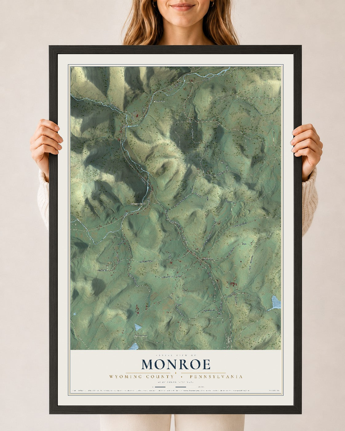 Map of Monroe, Wyoming County, Pennsylvania, 24 x 36 inch print in a black wood frame