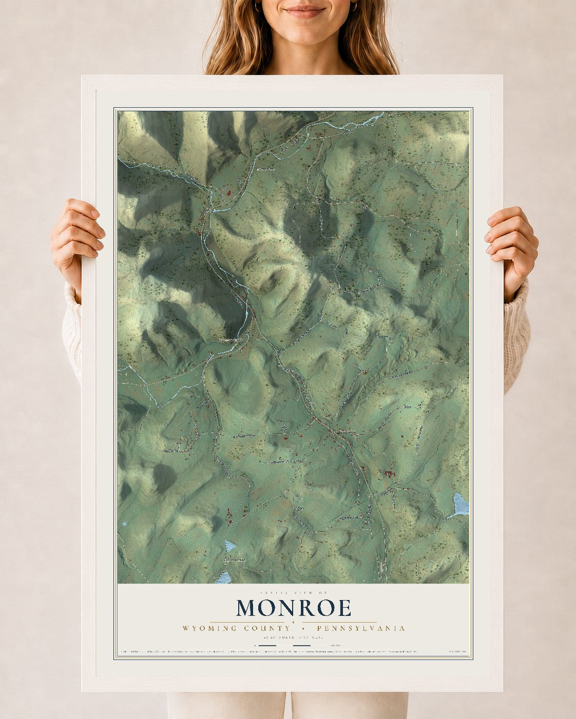 Map of Monroe, Wyoming County, Pennsylvania, 24 x 36 inch print in a white wood frame