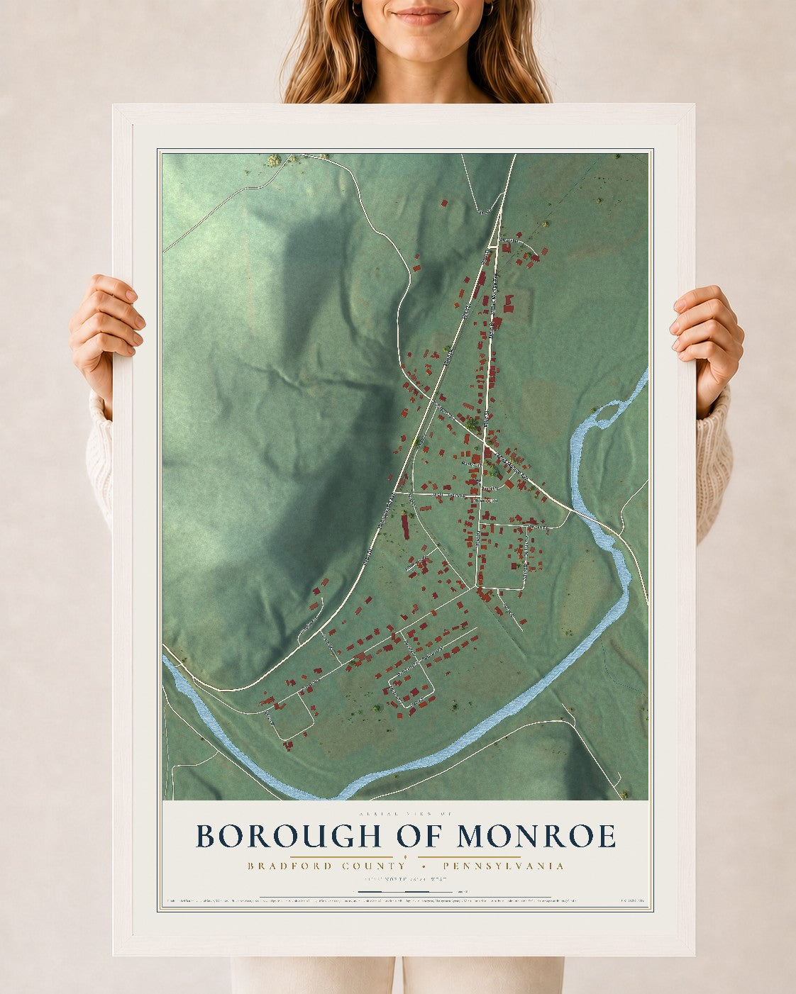 Map of the Borough of Monroe, Bradford County, Pennsylvania, 24 x 36 inch print in a white wood frame