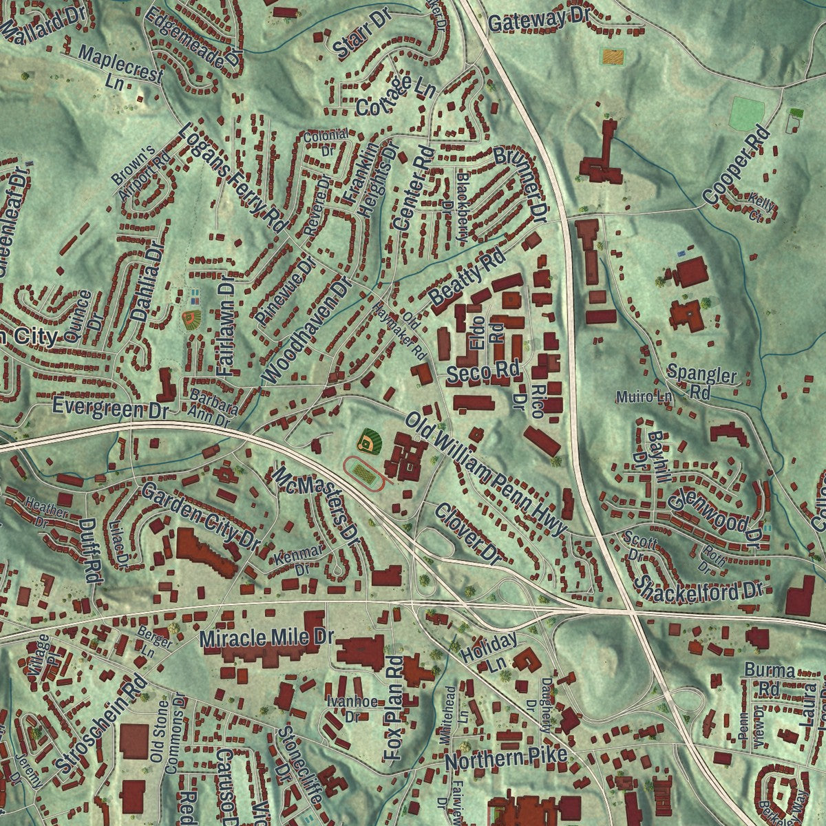 Close-up of the map of Monroeville, Pennsylvania print showing street and building detail