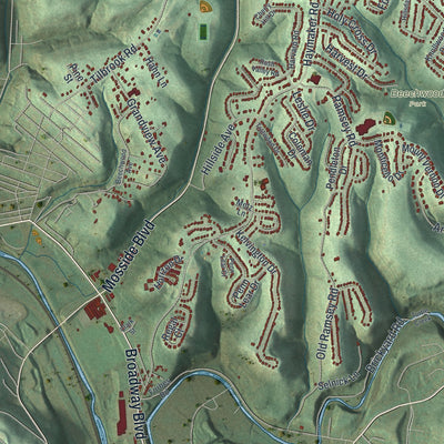 Second close-up of the map of Monroeville, Pennsylvania print showing more streets and buildings