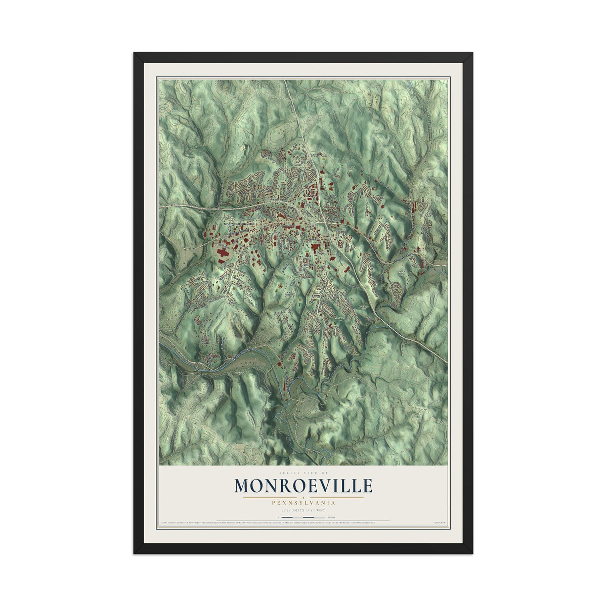 Map of Monroeville, Pennsylvania, 12 x 18 inch print in a black wood frame