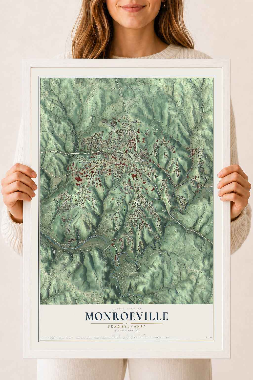Map of Monroeville, Pennsylvania, 18 x 24 inch print in a white wood frame