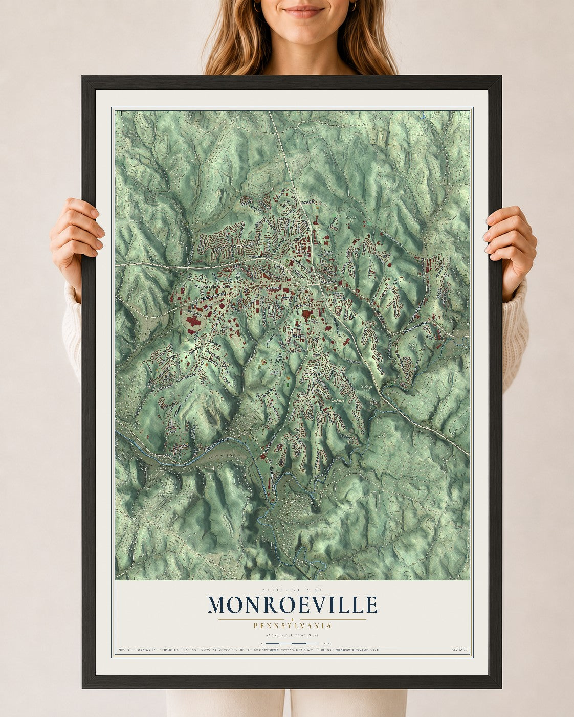 Map of Monroeville, Pennsylvania, 24 x 36 inch print in a black wood frame