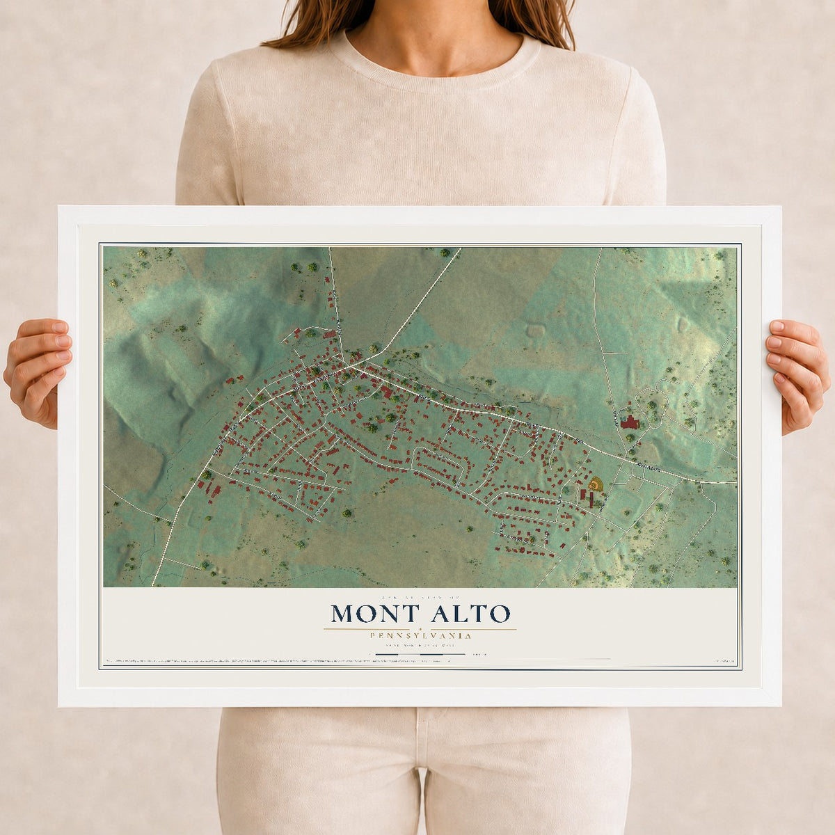 Map of Mont Alto, Pennsylvania, 12 x 18 inch print in a white wood frame