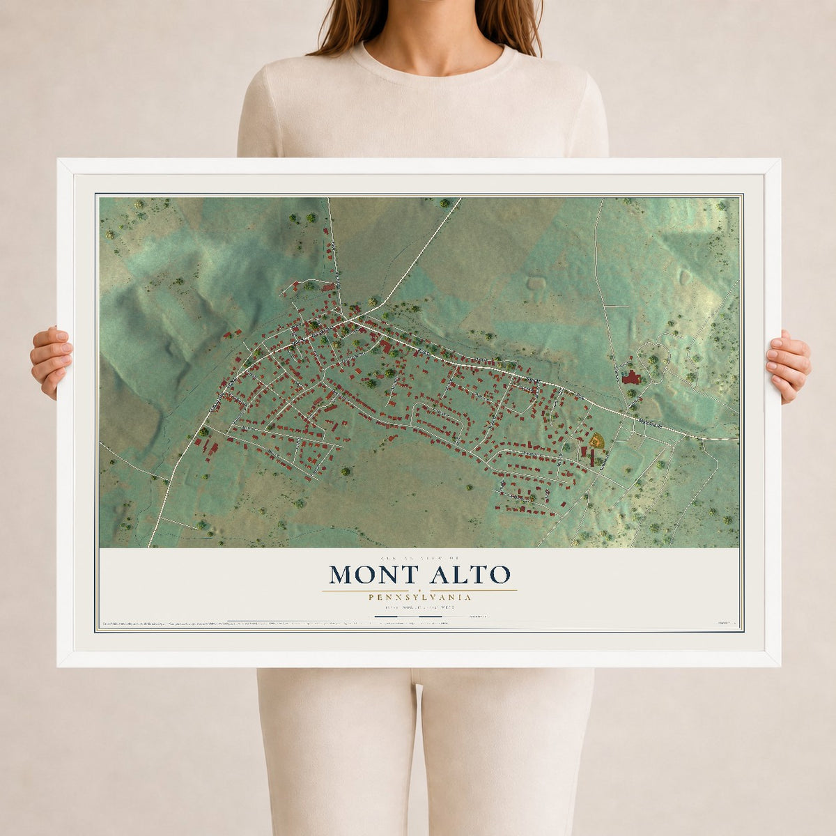 Map of Mont Alto, Pennsylvania, 24 x 36 inch print in a white wood frame