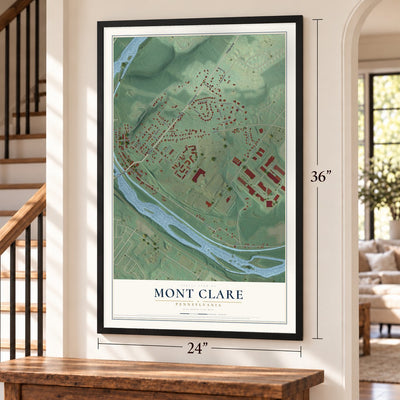 Mont Clare, Pennsylvania map, 24 x 36 inch print in a black frame by a staircase