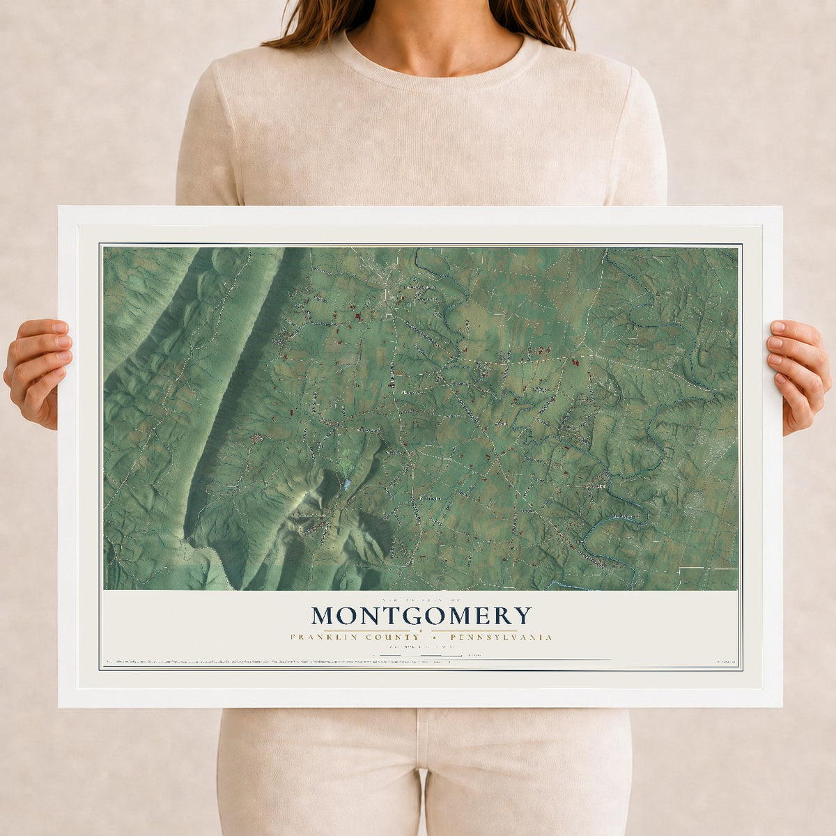 Map of Montgomery, Franklin County, Pennsylvania, 12 x 18 inch print in a white wood frame