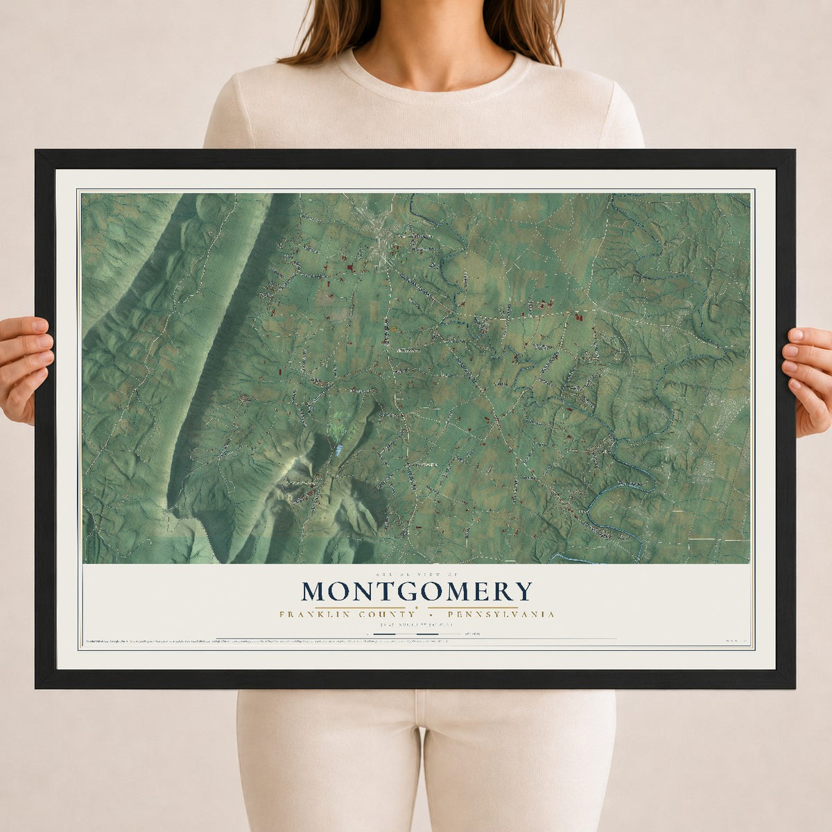 Map of Montgomery, Franklin County, Pennsylvania, 18 x 24 inch print in a black wood frame