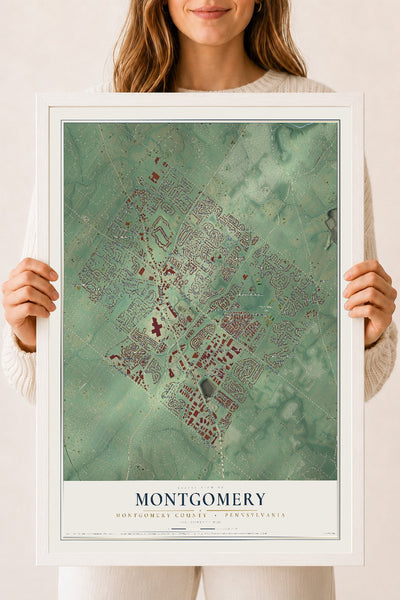 Map of Montgomery, Montgomery County, Pennsylvania, 18 x 24 inch print in a white wood frame