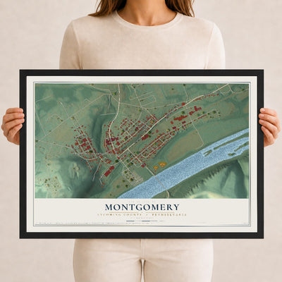 Map of Montgomery, Lycoming County, Pennsylvania, 12 x 18 inch print in a black wood frame