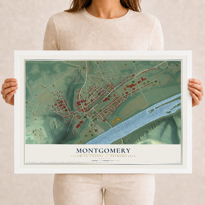 Map of Montgomery, Lycoming County, Pennsylvania, 12 x 18 inch print in a white wood frame